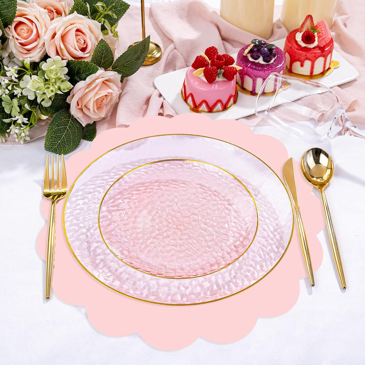 50 Pcs Light Pink Paper Placemats, Disposable Scalloped Placemat Decorative Placemats for Birthday Wedding Baby Shower Banquet Tea Party,13.5 Inch