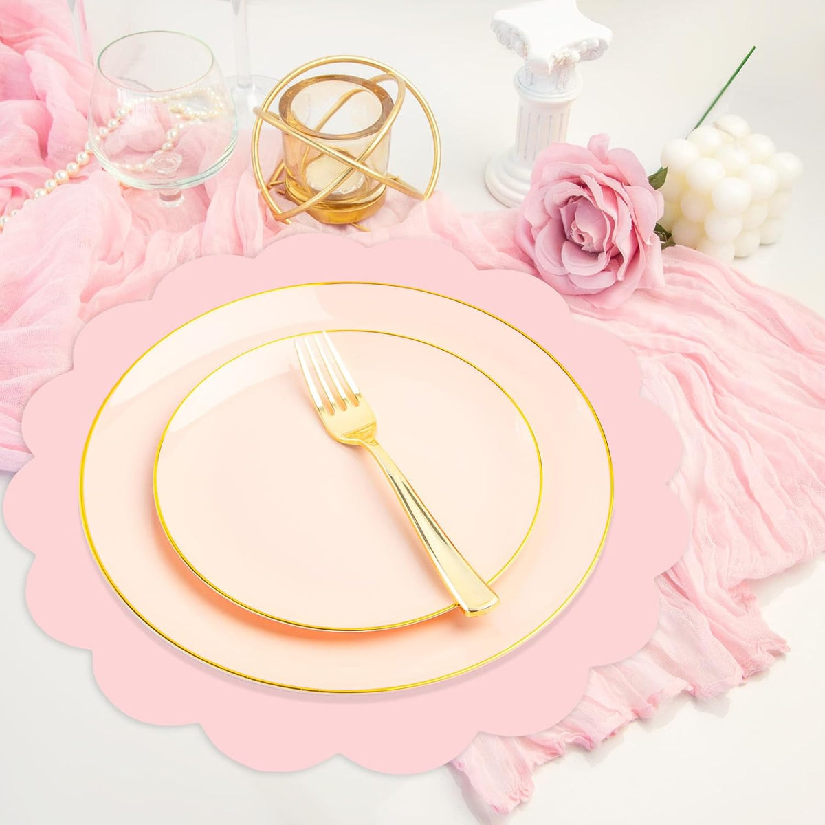 50 Pcs Light Pink Paper Placemats, Disposable Scalloped Placemat Decorative Placemats for Birthday Wedding Baby Shower Banquet Tea Party,13.5 Inch