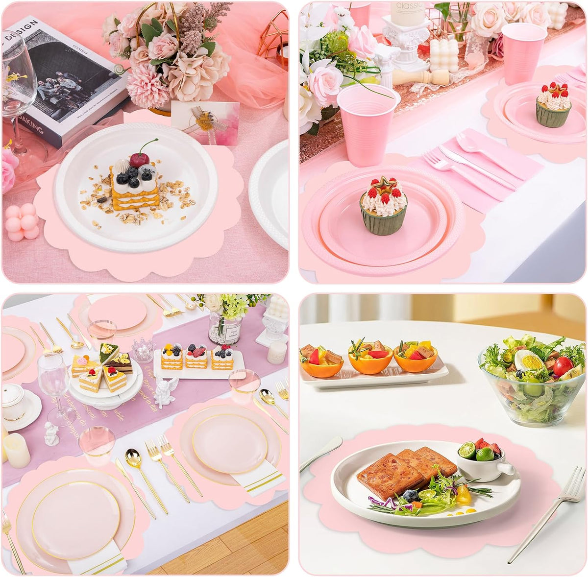 50 Pcs Light Pink Paper Placemats, Disposable Scalloped Placemat Decorative Placemats for Birthday Wedding Baby Shower Banquet Tea Party,13.5 Inch