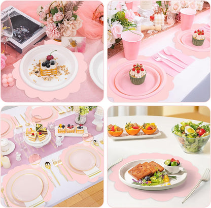 50 Pcs Light Pink Paper Placemats, Disposable Scalloped Placemat Decorative Placemats for Birthday Wedding Baby Shower Banquet Tea Party,13.5 Inch