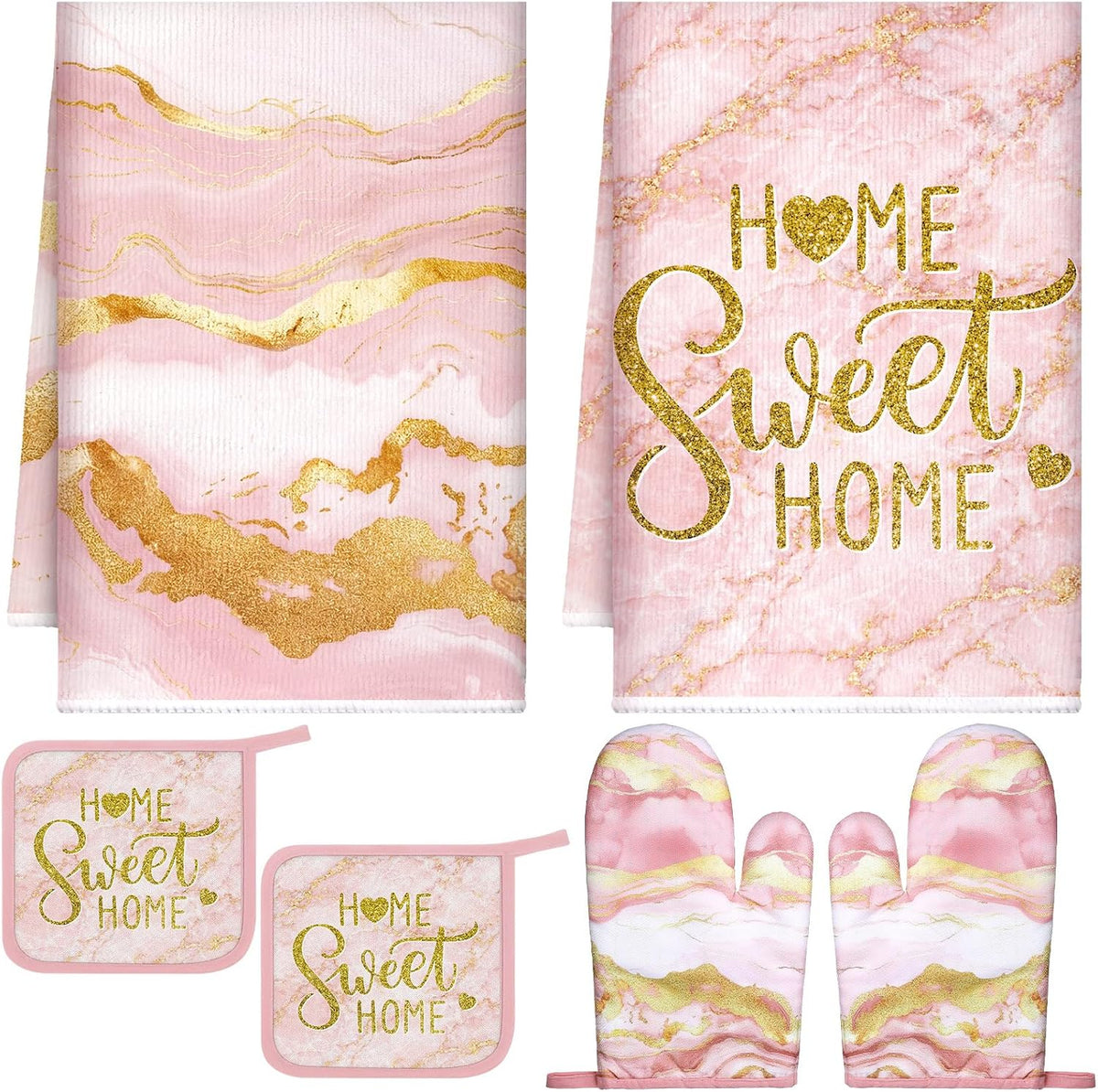 6 Pcs Pink Kitchen Decor Marble Kitchen Towels Set Pot Holders and Oven Mitts Pink Marble Linens Set for Baking Cooking Grilling Cleaning Supply Accessories