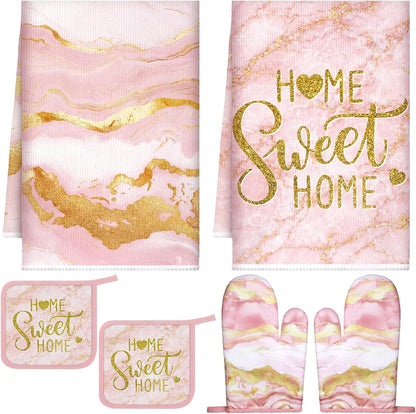 6 Pcs Pink Kitchen Decor Marble Kitchen Towels Set Pot Holders and Oven Mitts Pink Marble Linens Set for Baking Cooking Grilling Cleaning Supply Accessories