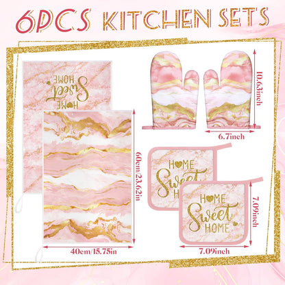 6 Pcs Pink Kitchen Decor Marble Kitchen Towels Set Pot Holders and Oven Mitts Pink Marble Linens Set for Baking Cooking Grilling Cleaning Supply Accessories