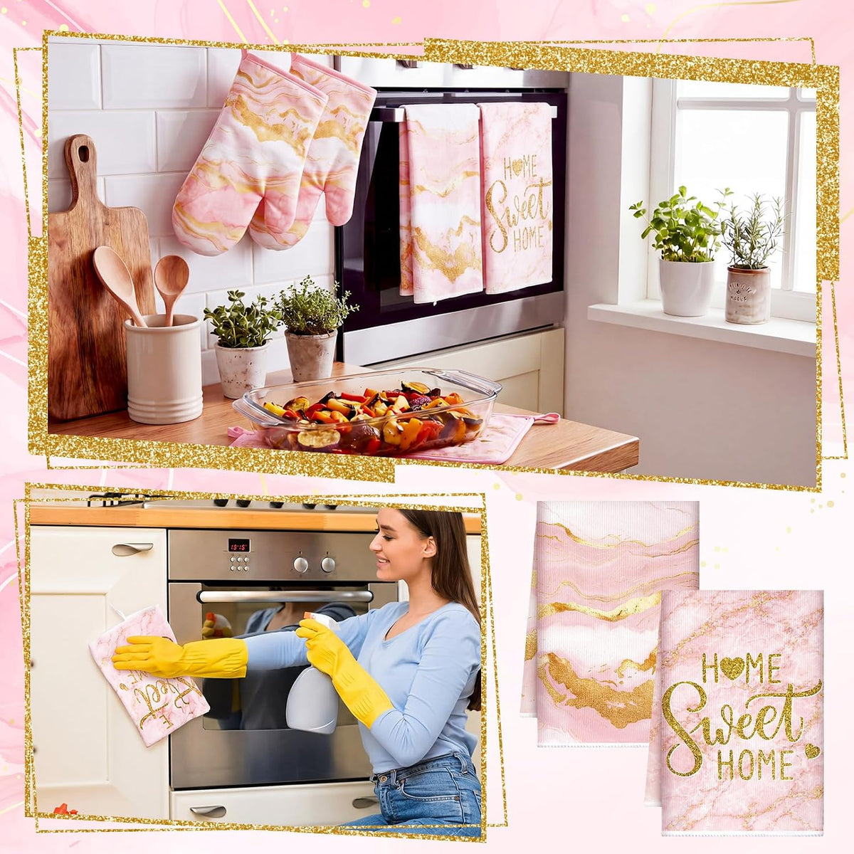 6 Pcs Pink Kitchen Decor Marble Kitchen Towels Set Pot Holders and Oven Mitts Pink Marble Linens Set for Baking Cooking Grilling Cleaning Supply Accessories