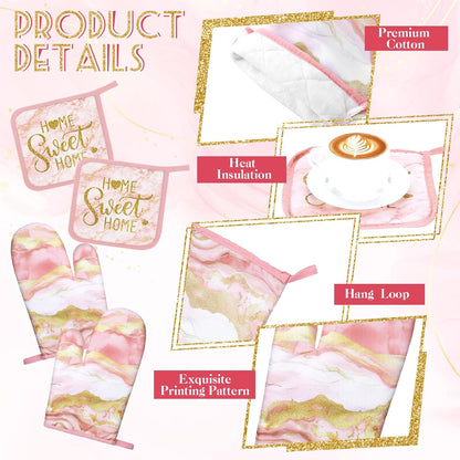 6 Pcs Pink Kitchen Decor Marble Kitchen Towels Set Pot Holders and Oven Mitts Pink Marble Linens Set for Baking Cooking Grilling Cleaning Supply Accessories