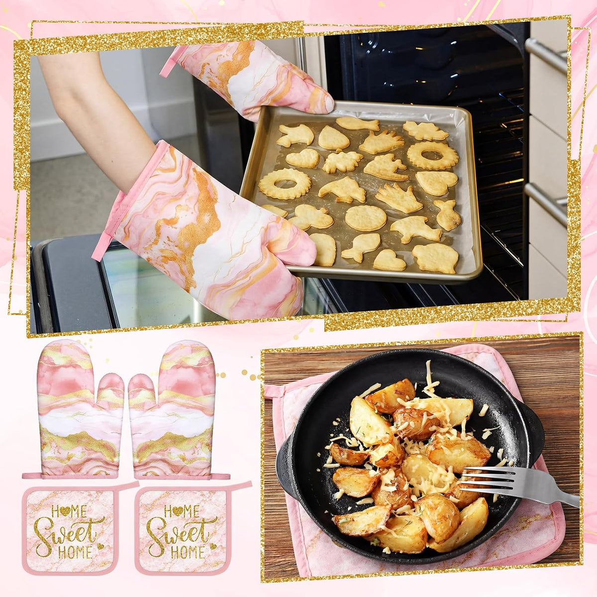 6 Pcs Pink Kitchen Decor Marble Kitchen Towels Set Pot Holders and Oven Mitts Pink Marble Linens Set for Baking Cooking Grilling Cleaning Supply Accessories