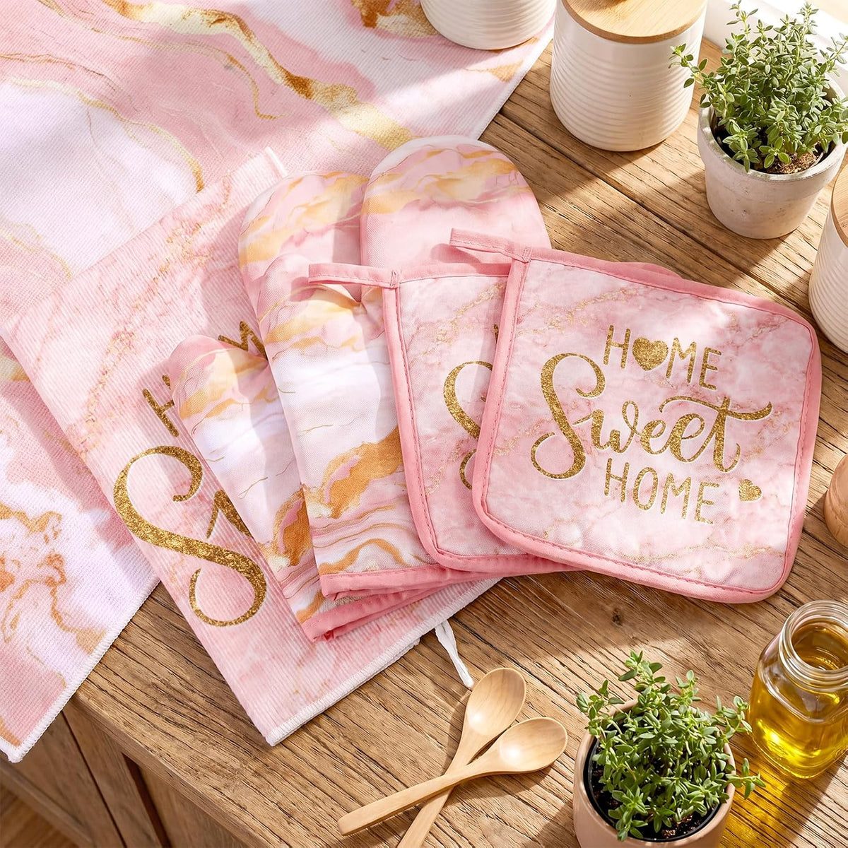 6 Pcs Pink Kitchen Decor Marble Kitchen Towels Set Pot Holders and Oven Mitts Pink Marble Linens Set for Baking Cooking Grilling Cleaning Supply Accessories