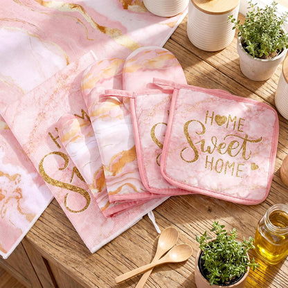 6 Pcs Pink Kitchen Decor Marble Kitchen Towels Set Pot Holders and Oven Mitts Pink Marble Linens Set for Baking Cooking Grilling Cleaning Supply Accessories