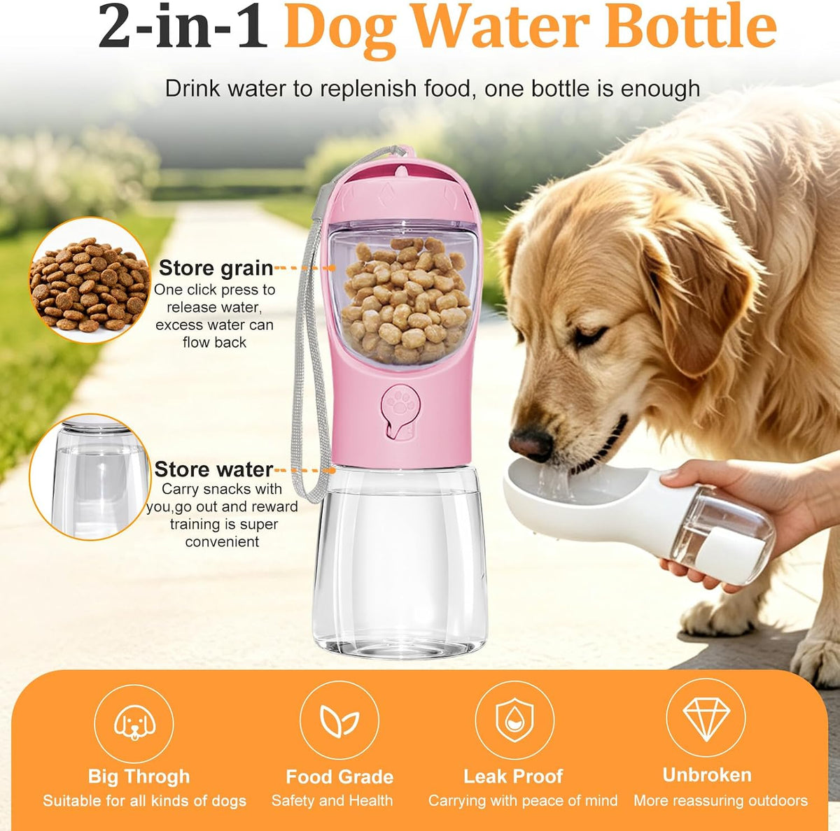 Portable Dog Water Bottle with Food Container, Pink, 12oz