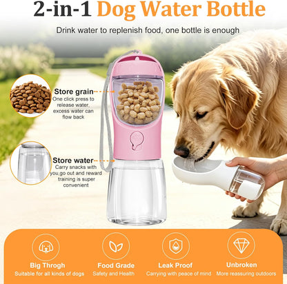 Portable Dog Water Bottle with Food Container, Pink, 12oz