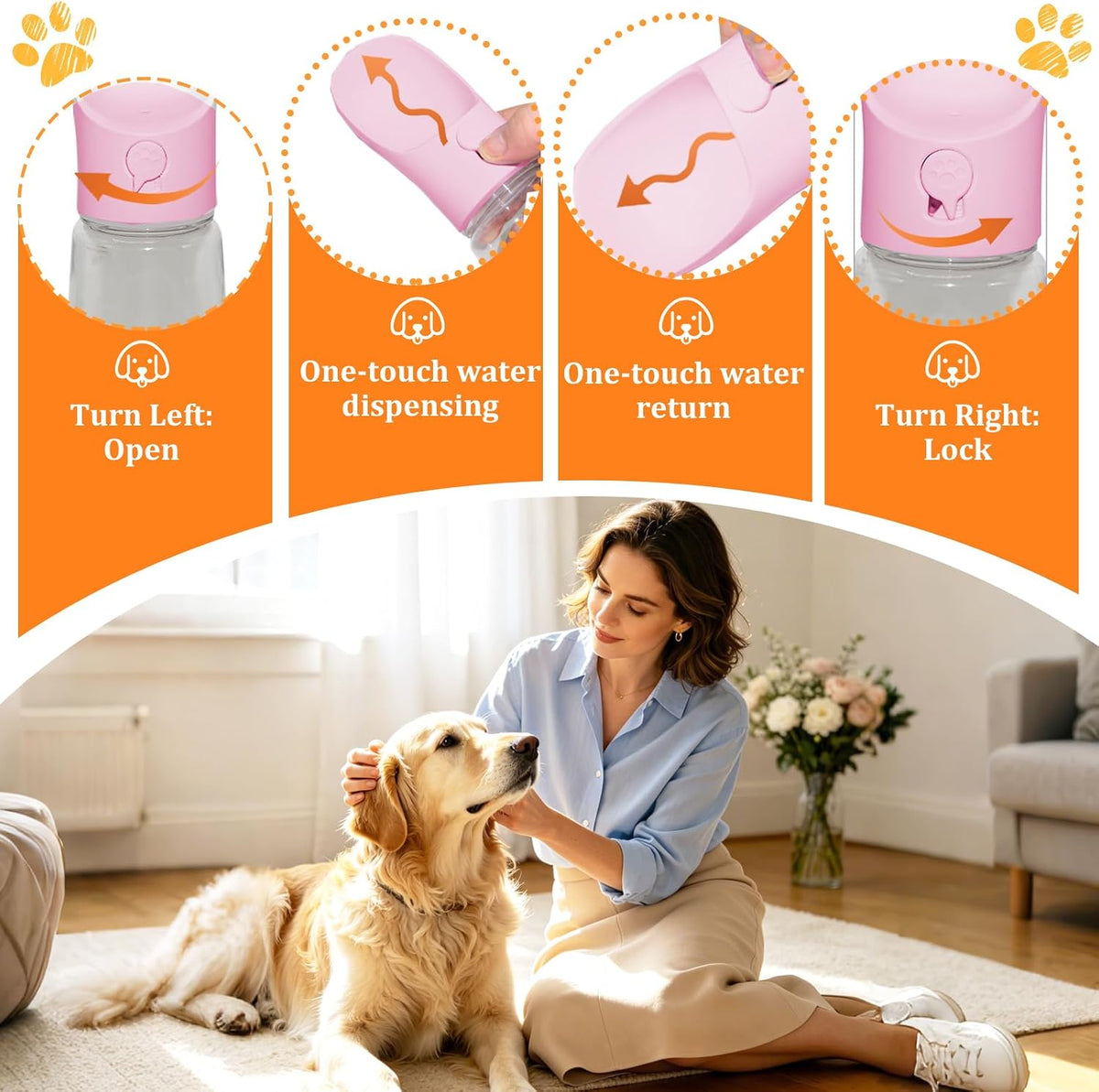 Portable Dog Water Bottle with Food Container, Pink, 12oz