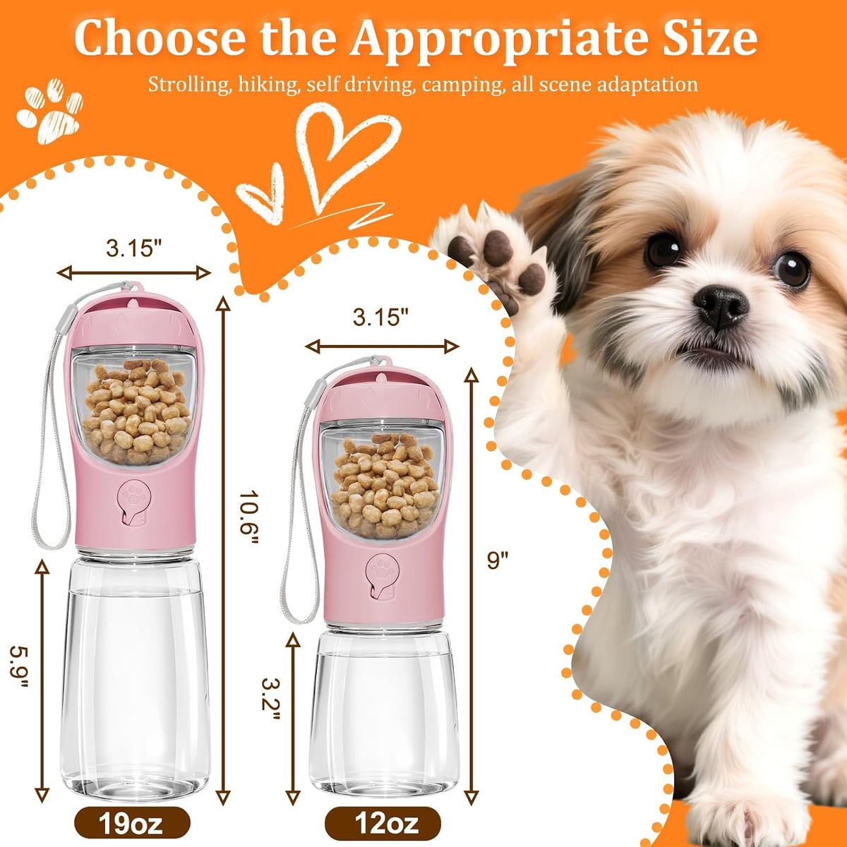 Portable Dog Water Bottle with Food Container, Pink, 12oz