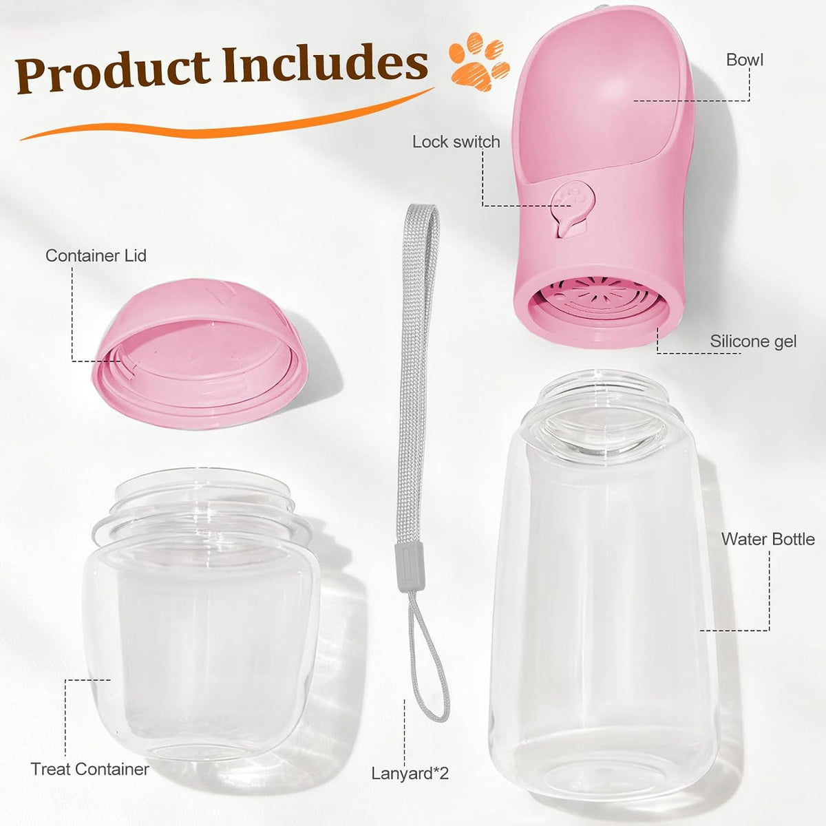 Portable Dog Water Bottle with Food Container, Pink, 12oz