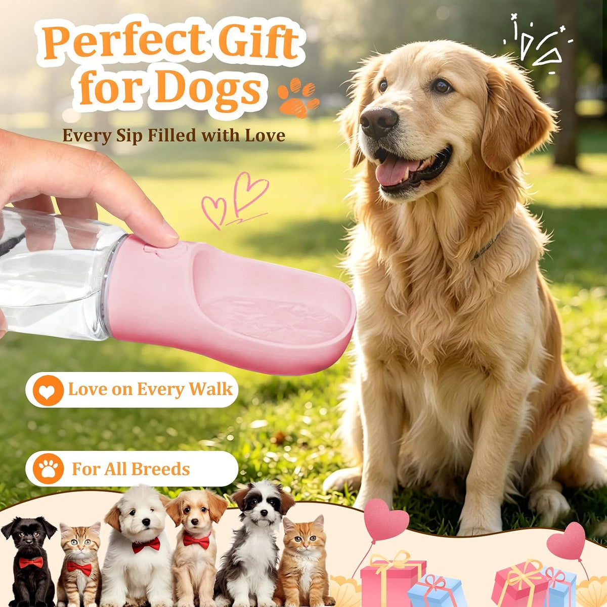 Portable Dog Water Bottle with Food Container, Pink, 12oz