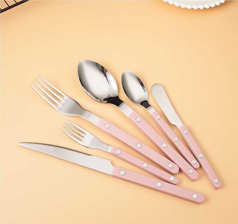 Silverware Flatware Cutlery Set， 6/24/36/48 Piece Tableware Steak Knife， Fork Spoon Butter Knife Dessert Spoon ABS Rivet Handle Clamp Handle Stainless Steel，Pink-1Set-6Pcs