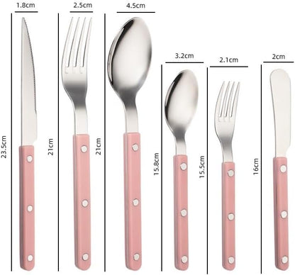 Silverware Flatware Cutlery Set， 6/24/36/48 Piece Tableware Steak Knife， Fork Spoon Butter Knife Dessert Spoon ABS Rivet Handle Clamp Handle Stainless Steel，Pink-1Set-6Pcs