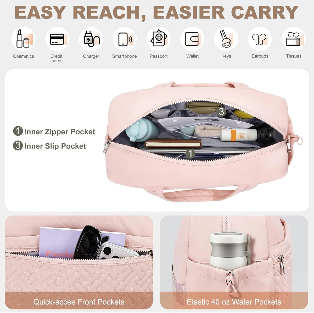Gym Bag for Women, Lightweight Sport Workout Purse for Travel Pink