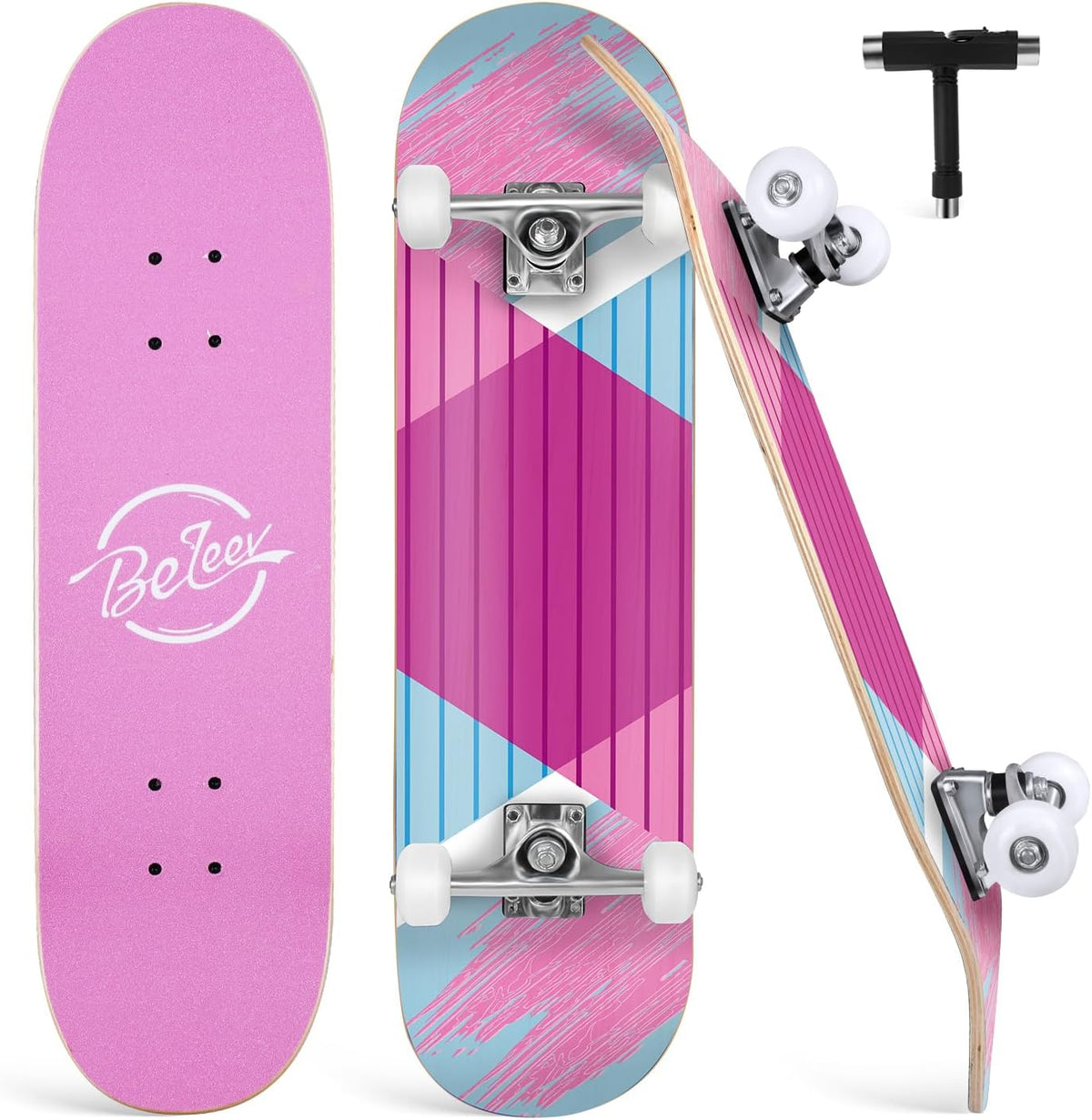 Skateboards for Beginners, 31 x 8 inch Complete Skateboard for Kids Teens Adults, 7 Layer Canadian Maple Double Kick Deck Concave Cruiser Trick Skateboard with Multifunction Skate T-Tool