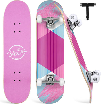 Skateboards for Beginners, 31 x 8 inch Complete Skateboard for Kids Teens Adults, 7 Layer Canadian Maple Double Kick Deck Concave Cruiser Trick Skateboard with Multifunction Skate T-Tool