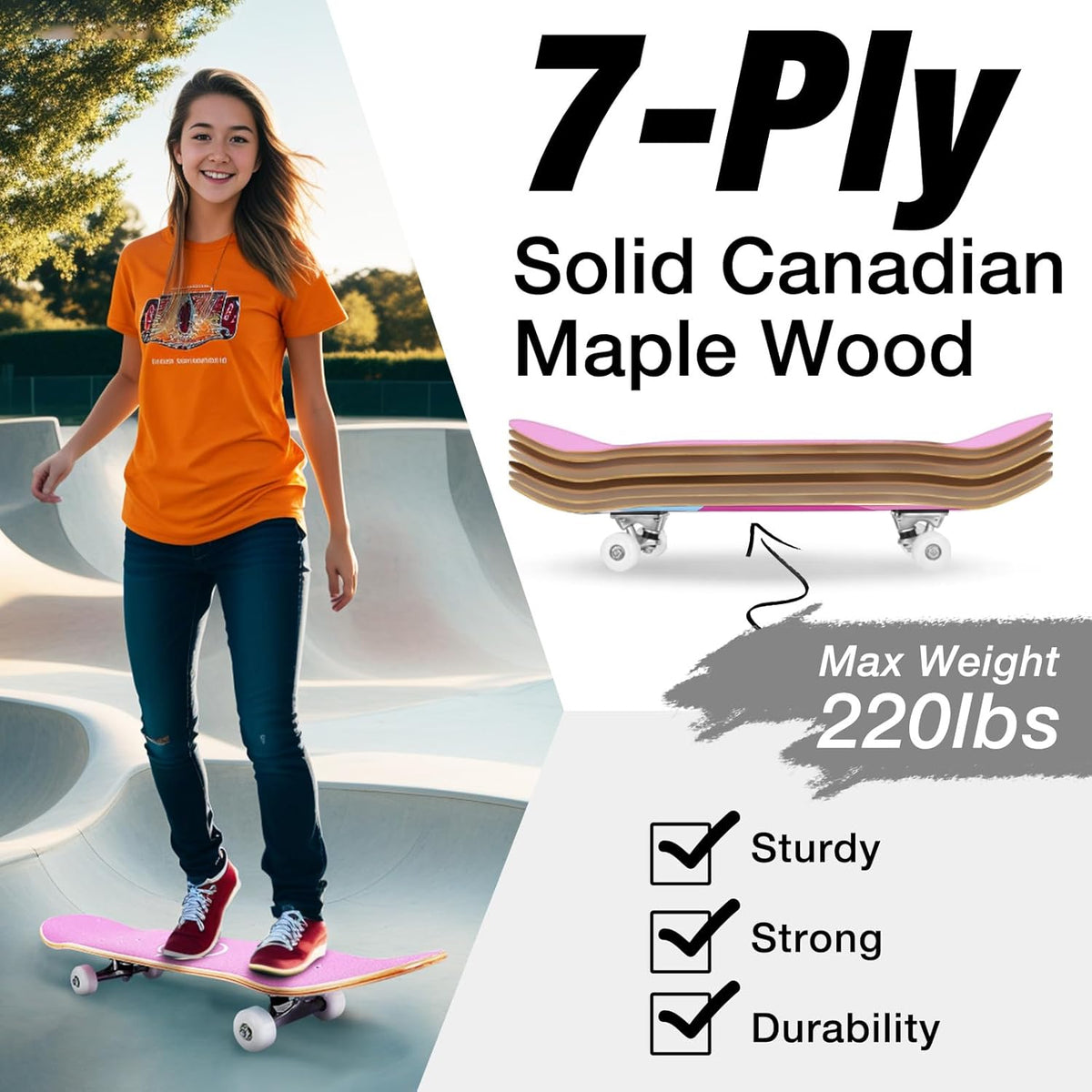 Skateboards for Beginners, 31 x 8 inch Complete Skateboard for Kids Teens Adults, 7 Layer Canadian Maple Double Kick Deck Concave Cruiser Trick Skateboard with Multifunction Skate T-Tool