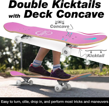 Skateboards for Beginners, 31 x 8 inch Complete Skateboard for Kids Teens Adults, 7 Layer Canadian Maple Double Kick Deck Concave Cruiser Trick Skateboard with Multifunction Skate T-Tool