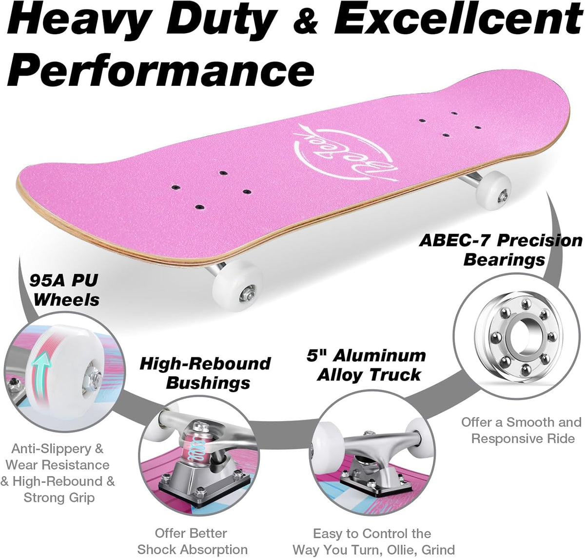 Skateboards for Beginners, 31 x 8 inch Complete Skateboard for Kids Teens Adults, 7 Layer Canadian Maple Double Kick Deck Concave Cruiser Trick Skateboard with Multifunction Skate T-Tool