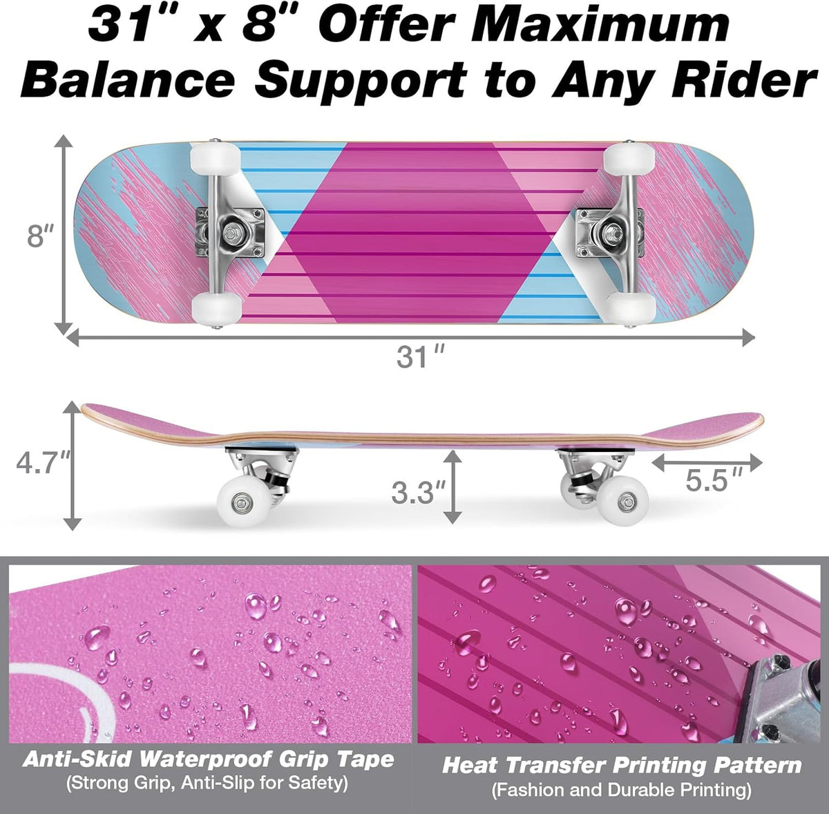 Skateboards for Beginners, 31 x 8 inch Complete Skateboard for Kids Teens Adults, 7 Layer Canadian Maple Double Kick Deck Concave Cruiser Trick Skateboard with Multifunction Skate T-Tool