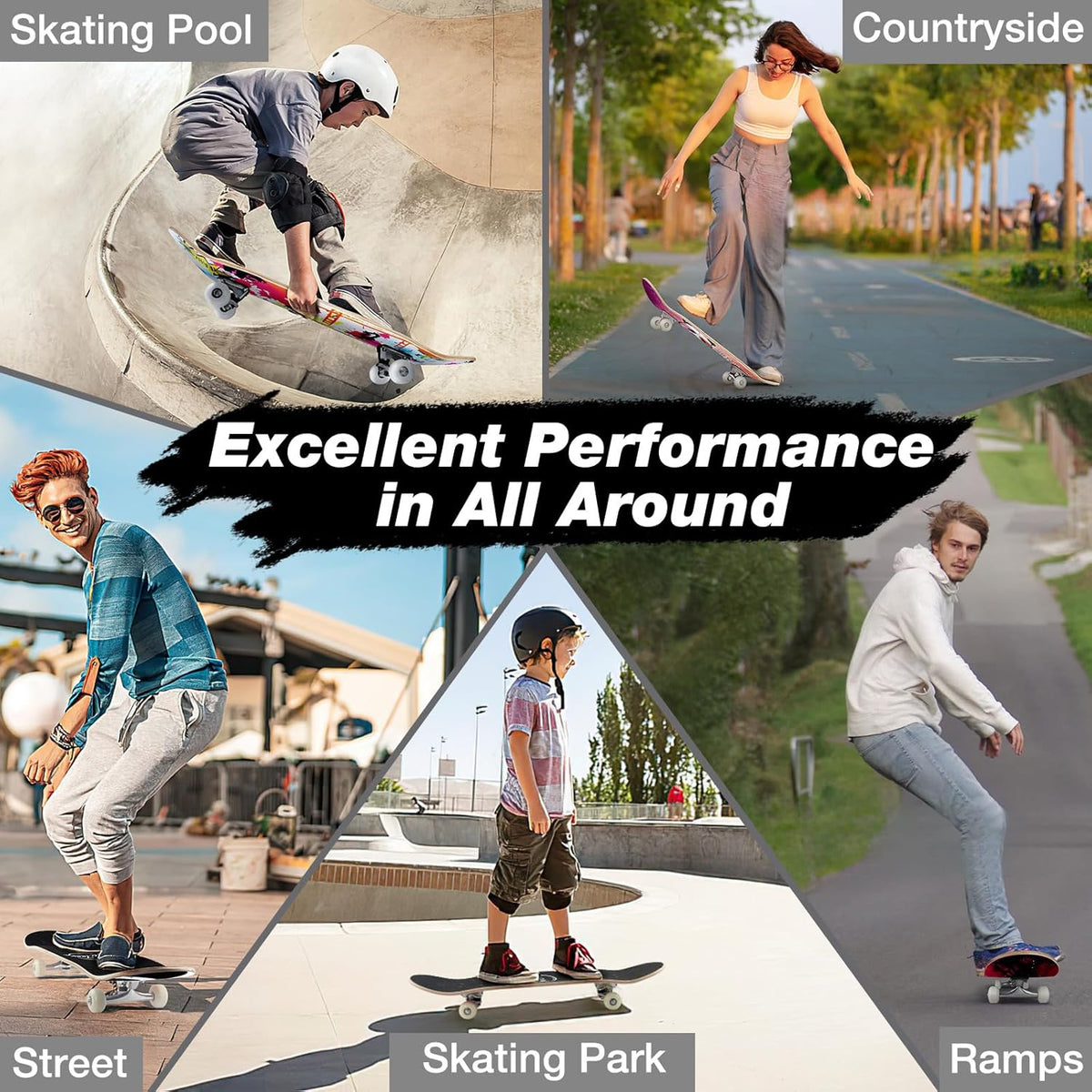 Skateboards for Beginners, 31 x 8 inch Complete Skateboard for Kids Teens Adults, 7 Layer Canadian Maple Double Kick Deck Concave Cruiser Trick Skateboard with Multifunction Skate T-Tool
