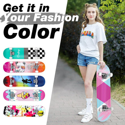 Skateboards for Beginners, 31 x 8 inch Complete Skateboard for Kids Teens Adults, 7 Layer Canadian Maple Double Kick Deck Concave Cruiser Trick Skateboard with Multifunction Skate T-Tool