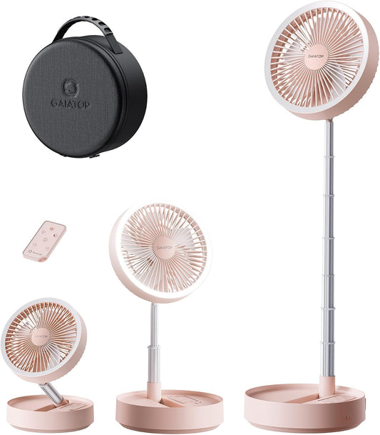 Portable Pedestal Fan 16000mAh Battery [Max 74h Runtime], Foldable Oscillating Standing Fan, Collapsible Desk Fans, LED Light, Case & Remote Control, 4 Speeds for Outdoor Travel Camping (Pink)