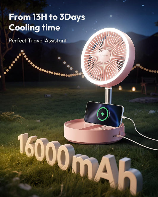 Portable Pedestal Fan 16000mAh Battery [Max 74h Runtime], Foldable Oscillating Standing Fan, Collapsible Desk Fans, LED Light, Case & Remote Control, 4 Speeds for Outdoor Travel Camping (Pink)