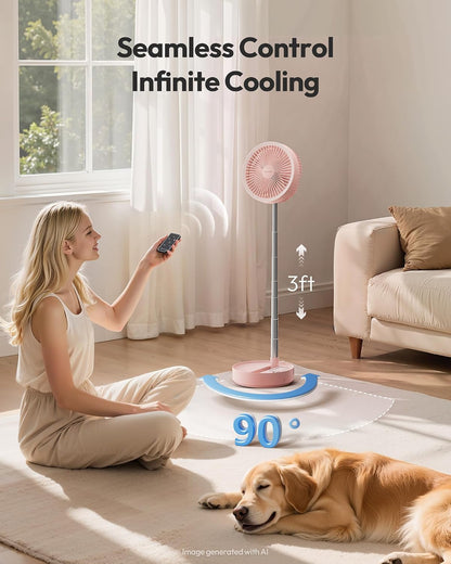 Portable Pedestal Fan 16000mAh Battery [Max 74h Runtime], Foldable Oscillating Standing Fan, Collapsible Desk Fans, LED Light, Case & Remote Control, 4 Speeds for Outdoor Travel Camping (Pink)