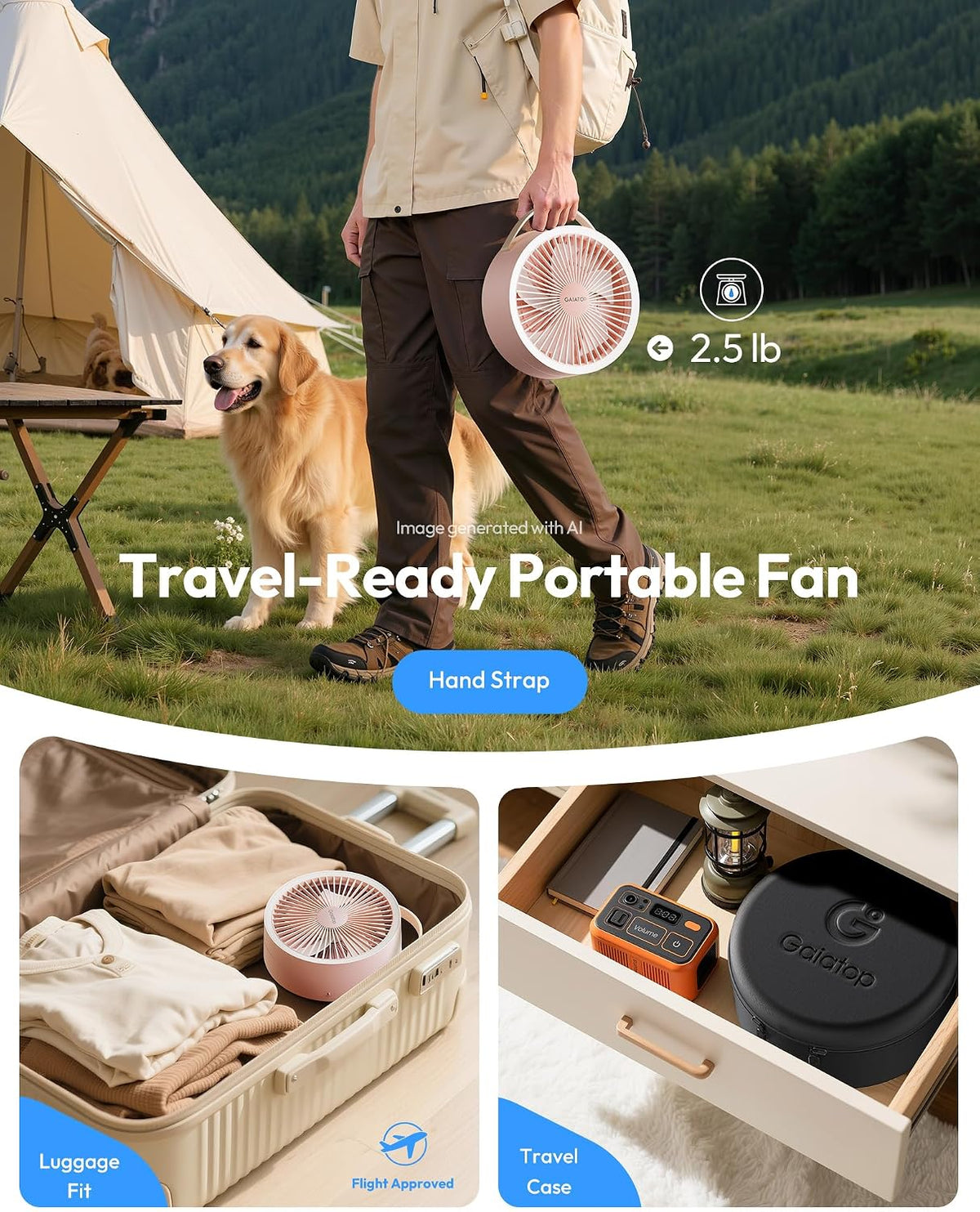 Portable Pedestal Fan 16000mAh Battery [Max 74h Runtime], Foldable Oscillating Standing Fan, Collapsible Desk Fans, LED Light, Case & Remote Control, 4 Speeds for Outdoor Travel Camping (Pink)