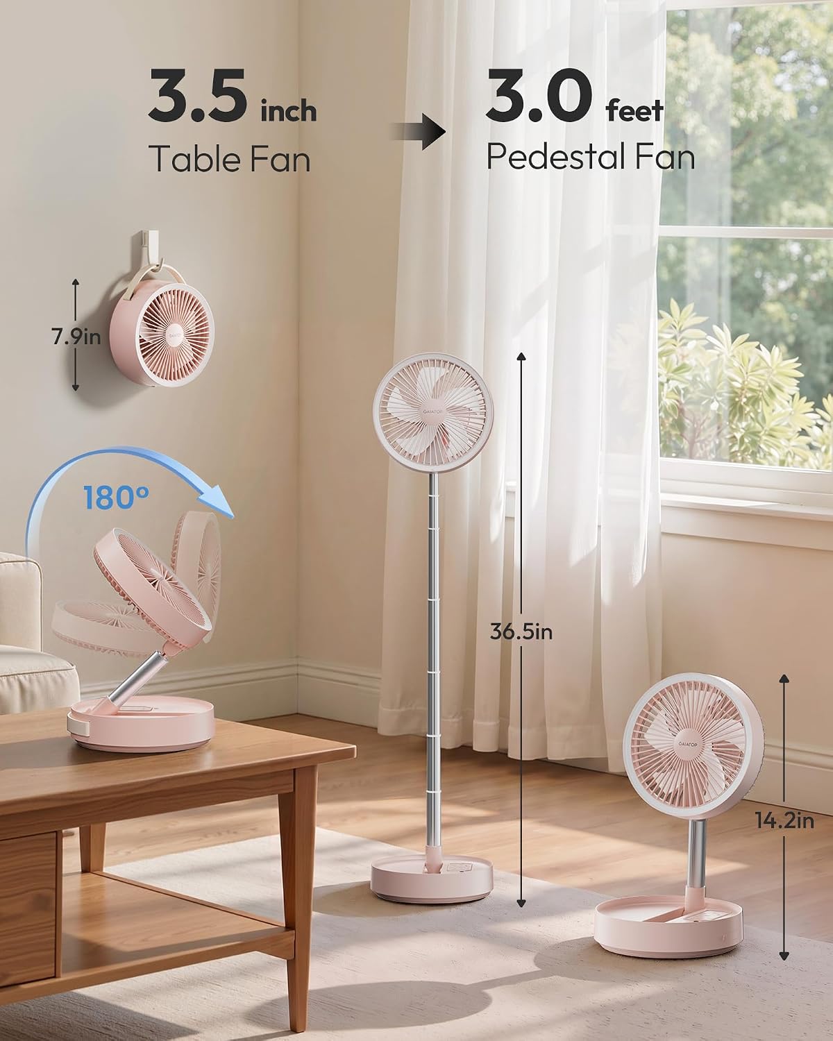 Portable Pedestal Fan 16000mAh Battery [Max 74h Runtime], Foldable Oscillating Standing Fan, Collapsible Desk Fans, LED Light, Case & Remote Control, 4 Speeds for Outdoor Travel Camping (Pink)