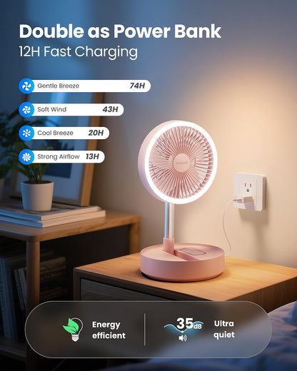 Portable Pedestal Fan 16000mAh Battery [Max 74h Runtime], Foldable Oscillating Standing Fan, Collapsible Desk Fans, LED Light, Case & Remote Control, 4 Speeds for Outdoor Travel Camping (Pink)