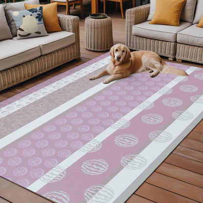 Outdoor Rug 6' x 9', Farm Fruits Large Area Rugs for Patio/RV/Deck/Porch, Watermelon Lemons Peach Pink Grey Striped Water Absorption Camping Rug Carpet, Lightweight Washable Rug Runners