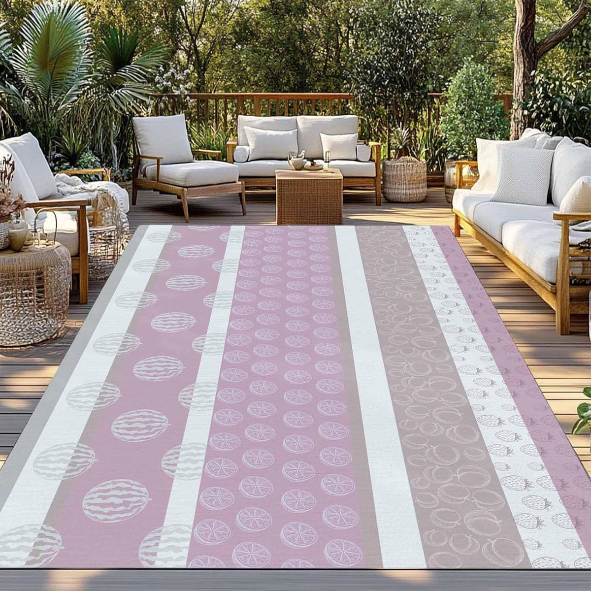 Outdoor Rug 6' x 9', Farm Fruits Large Area Rugs for Patio/RV/Deck/Porch, Watermelon Lemons Peach Pink Grey Striped Water Absorption Camping Rug Carpet, Lightweight Washable Rug Runners