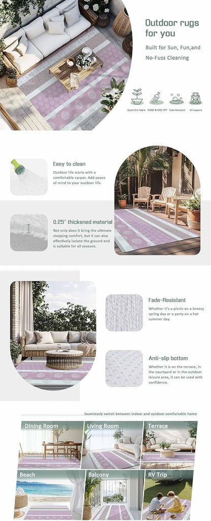 Outdoor Rug 6' x 9', Farm Fruits Large Area Rugs for Patio/RV/Deck/Porch, Watermelon Lemons Peach Pink Grey Striped Water Absorption Camping Rug Carpet, Lightweight Washable Rug Runners