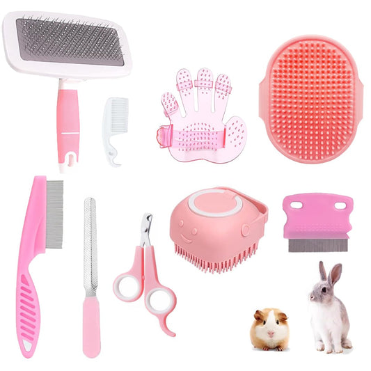9PCS Small Animal Grooming Kit, Cleaning Brush Removes Loose Hair, Pet Bath Brush,Shampoo Brush, Nail Clipper, Flea Comb For Rabbit, Puppy, Kitten, Guinea Pig (9PCS-Pink)
