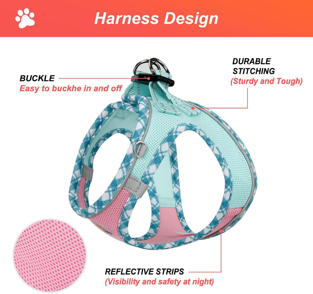Dog Harness Small Sized and Leash Set, No Pull Soft Mesh Puppy Vest, Reflective Breathable Lightweight Pet Harness, Harness for Small Medium Dogs and Cats - Pink Green, XS