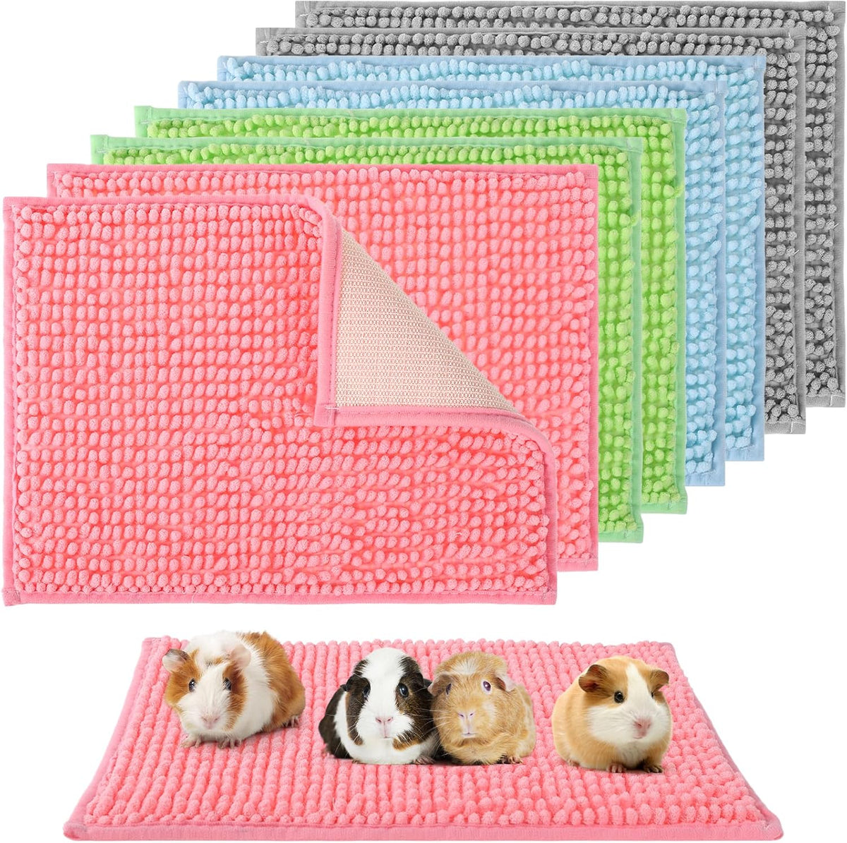 8 PCS Guinea Pig Liner Washable Rabbit Cage Liner 12x16 Inch Guinea Pig Fleece Bedding Pee Pads Reusable Absorbent Pet Mats for Small Animals, Bunny, Hamster (Gray, Green, Pink, Blue)