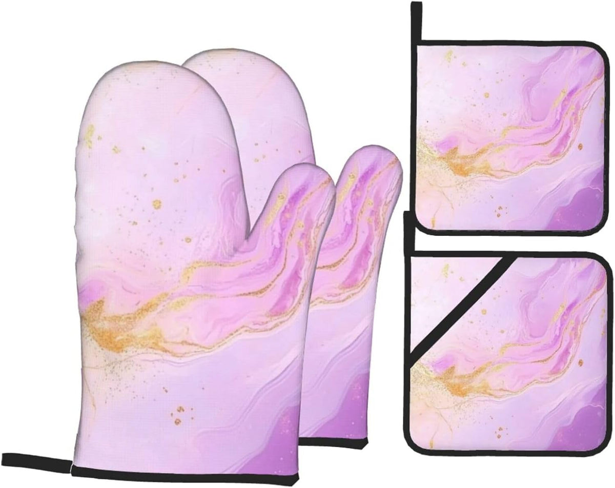 Oven Mitts and Pot Holders Set Pastel Light Pink Marble Abstract Heat Resistant Kitchen Gloves 2 Oven Mitts and 2 Pot Holders for Cooking Baking BBQ