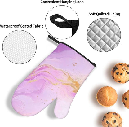 Oven Mitts and Pot Holders Set Pastel Light Pink Marble Abstract Heat Resistant Kitchen Gloves 2 Oven Mitts and 2 Pot Holders for Cooking Baking BBQ