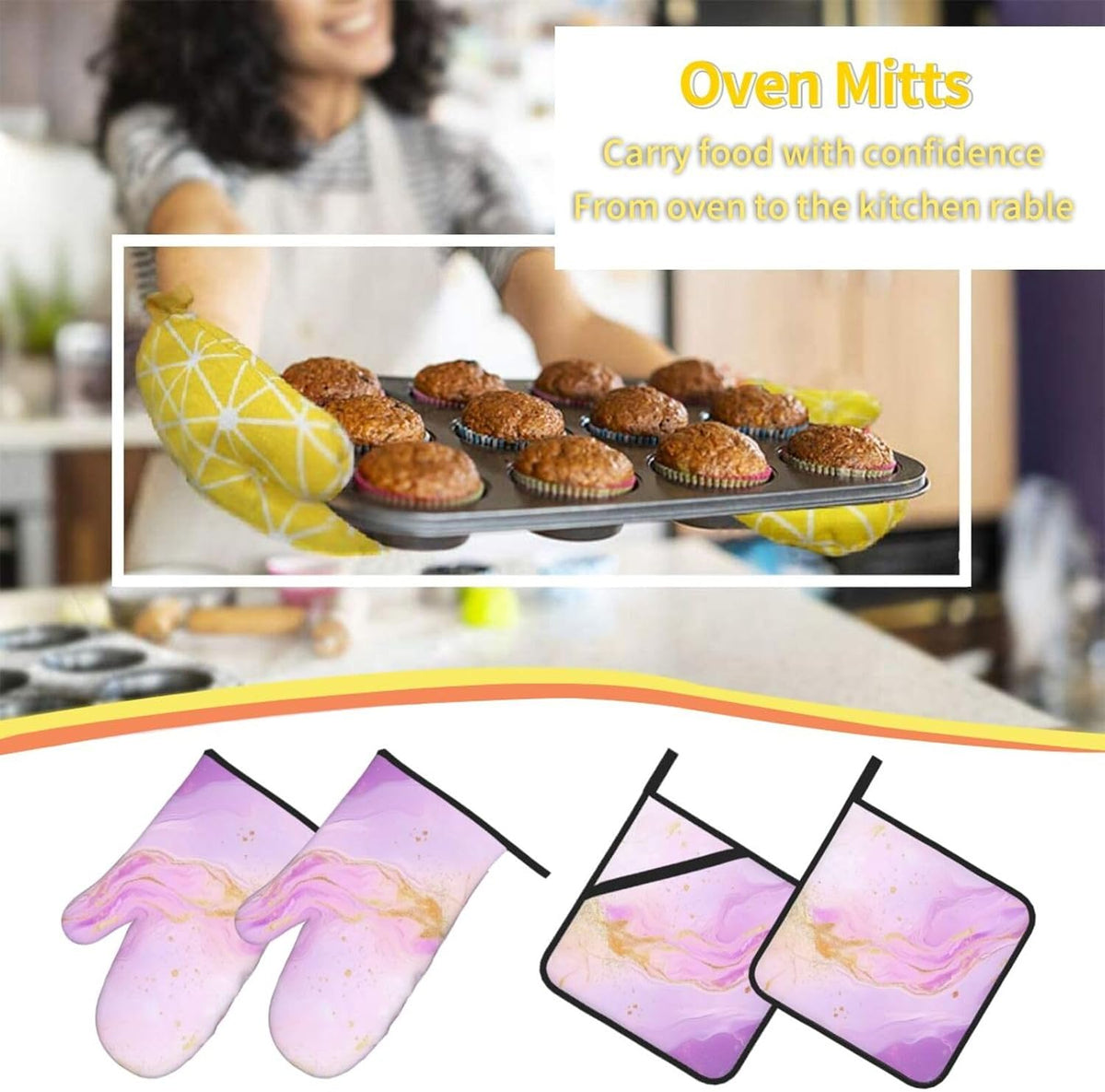 Oven Mitts and Pot Holders Set Pastel Light Pink Marble Abstract Heat Resistant Kitchen Gloves 2 Oven Mitts and 2 Pot Holders for Cooking Baking BBQ