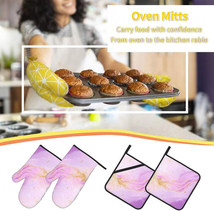 Oven Mitts and Pot Holders Set Pastel Light Pink Marble Abstract Heat Resistant Kitchen Gloves 2 Oven Mitts and 2 Pot Holders for Cooking Baking BBQ