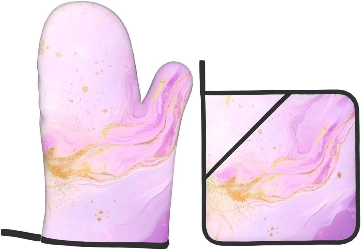 Oven Mitts and Pot Holders Set Pastel Light Pink Marble Abstract Heat Resistant Kitchen Gloves 2 Oven Mitts and 2 Pot Holders for Cooking Baking BBQ