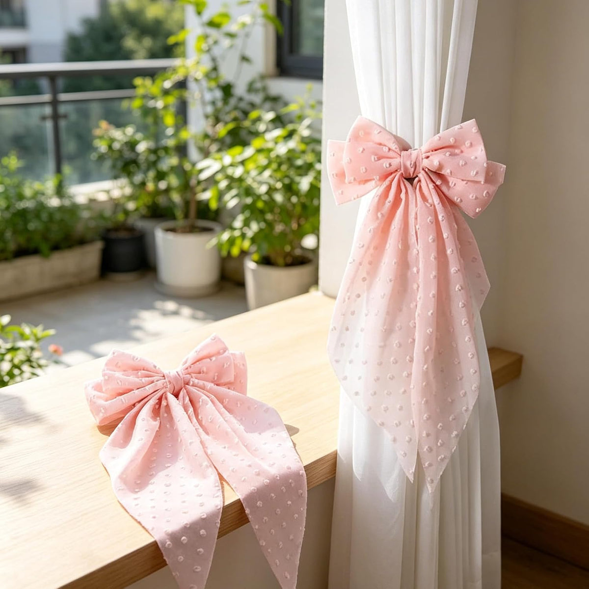 2 Pack Pink Polka Dot Lace Curtain Tiebacks, Clip-On Bow Curtain Ties, Decorative Sheer Curtain Holdbacks for Boho Bedroom Living Room (Pink)
