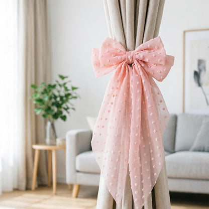 2 Pack Pink Polka Dot Lace Curtain Tiebacks, Clip-On Bow Curtain Ties, Decorative Sheer Curtain Holdbacks for Boho Bedroom Living Room (Pink)