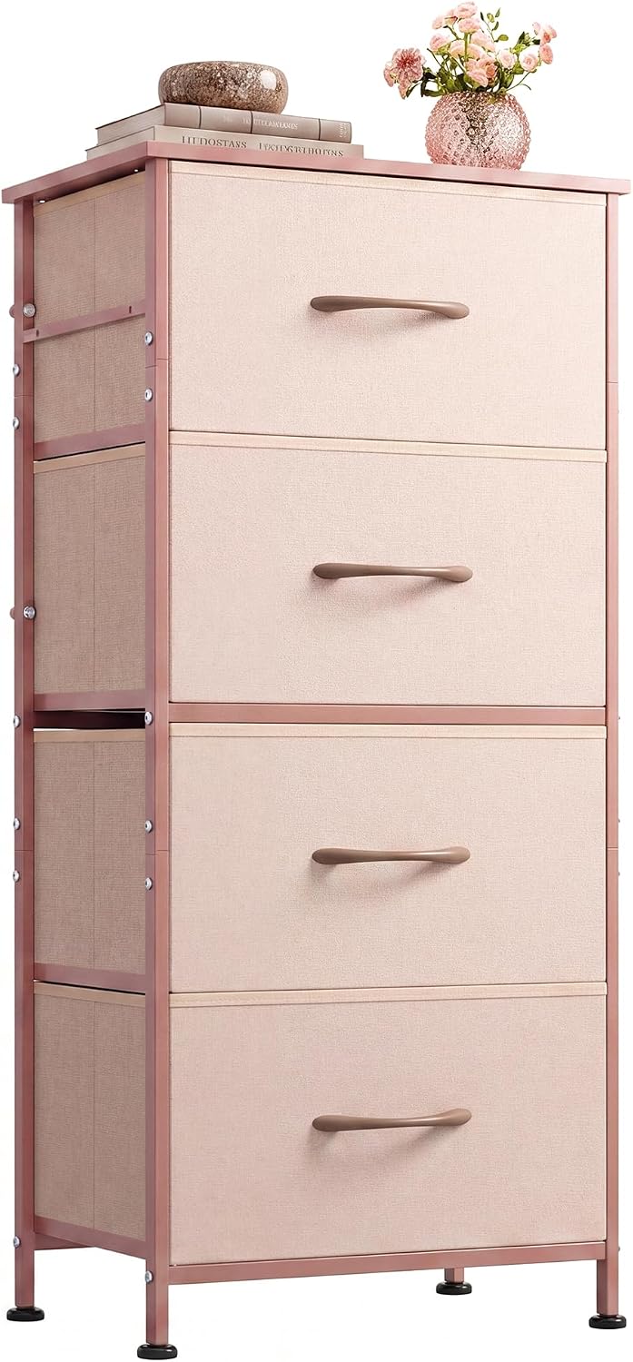 Small Dresser Nightstand for Bedroom, 4 Drawers, Pink