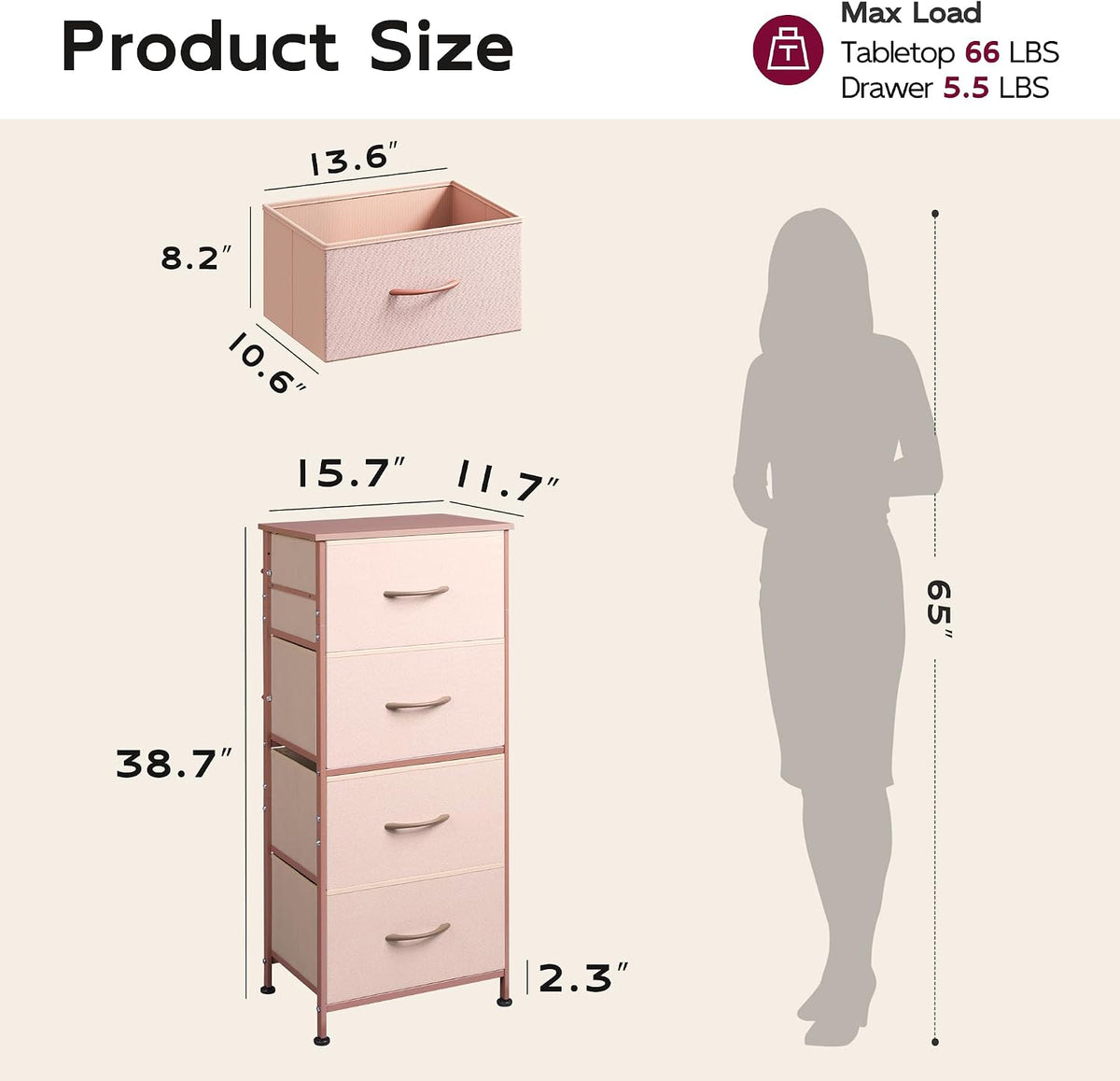 Small Dresser Nightstand for Bedroom, 4 Drawers, Pink